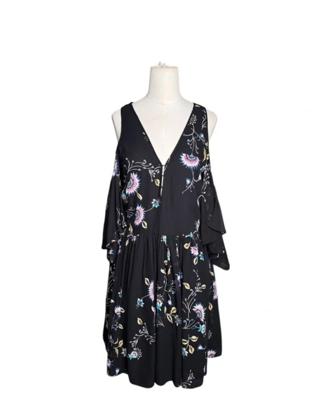 REBECCA MINKOFF Robbie Shift Dress Tropical Vine Black Cold Shoulder - Picture 4 of 10